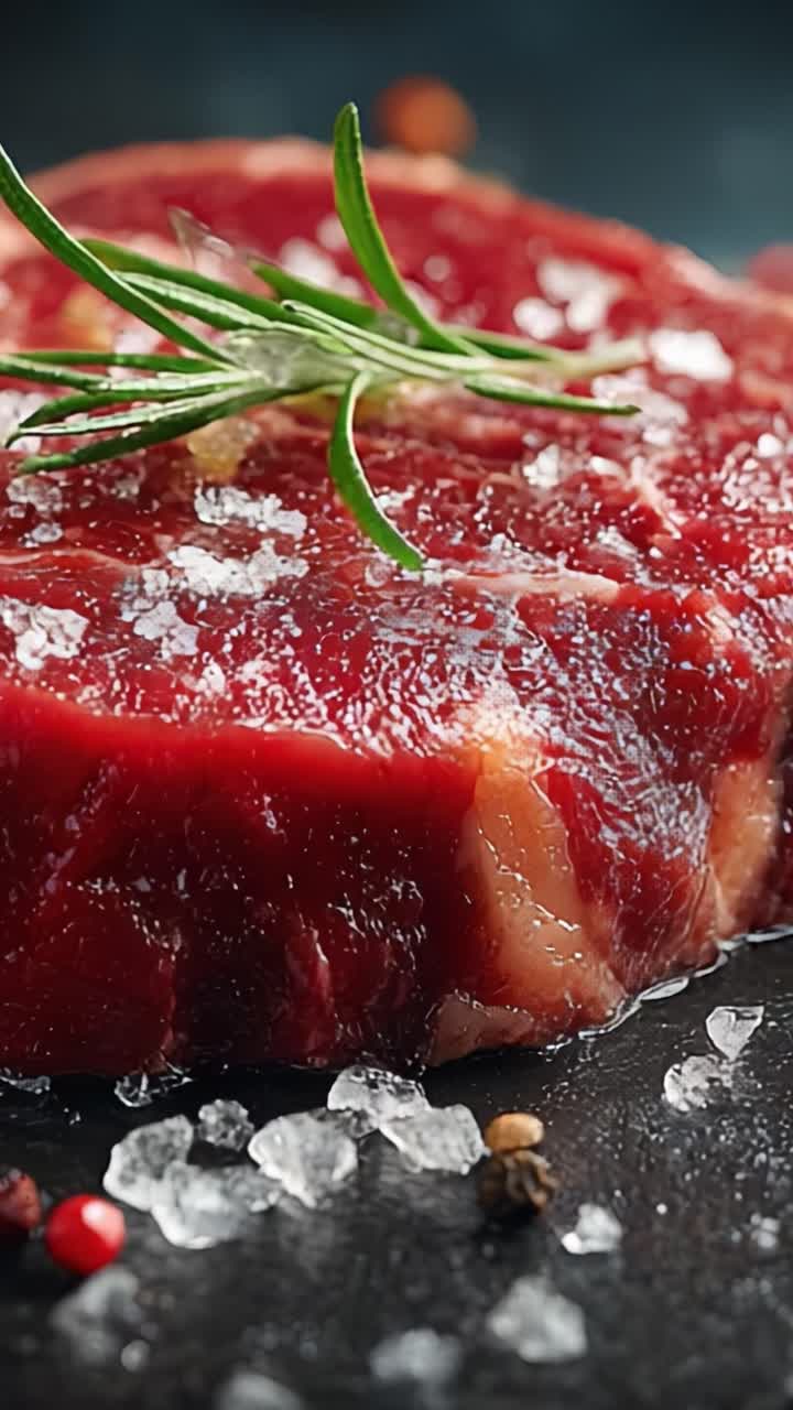 A Close-Up View of a Freshly Cut Beef Steak with Sea Salt and Rosemary Garnish, Showcasing Its Juicy Texture and Vibrant Red Color