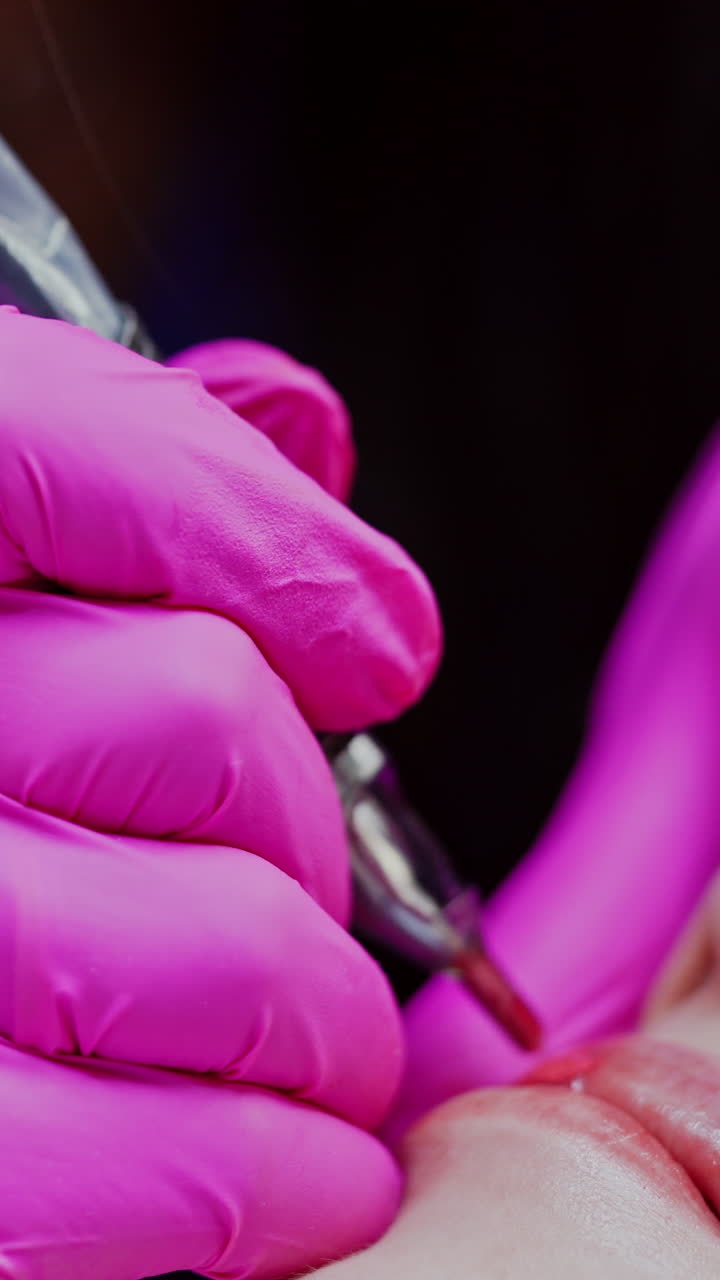 Lips micropigmentation. Cosmetologist applying permanent makeup on lips with a tattoo machine. Cosmetology procedure. Close-up. Vertical video