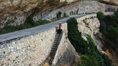 woman walking dog mirador al puente romano guadalajara spain. pull out aerial view.