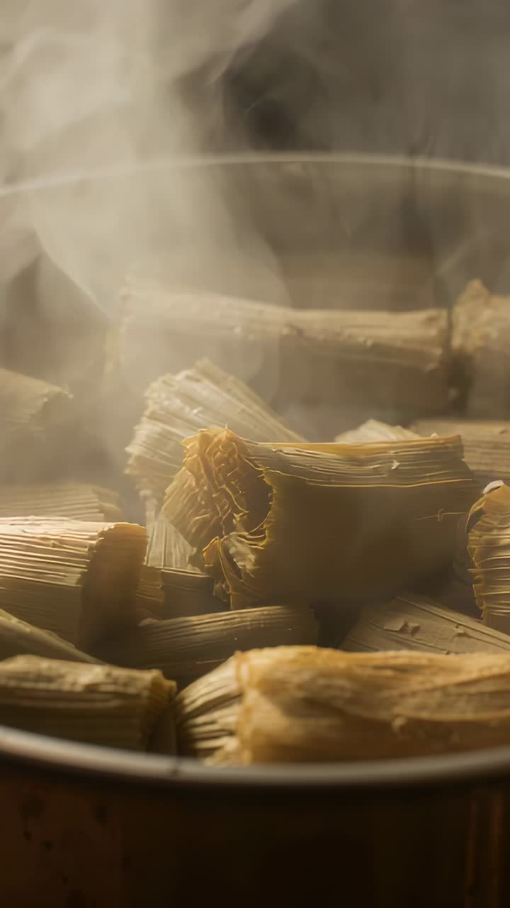 Vertical video: Boiling water making steam, corn husk tamales steaming inside metal pot to cook