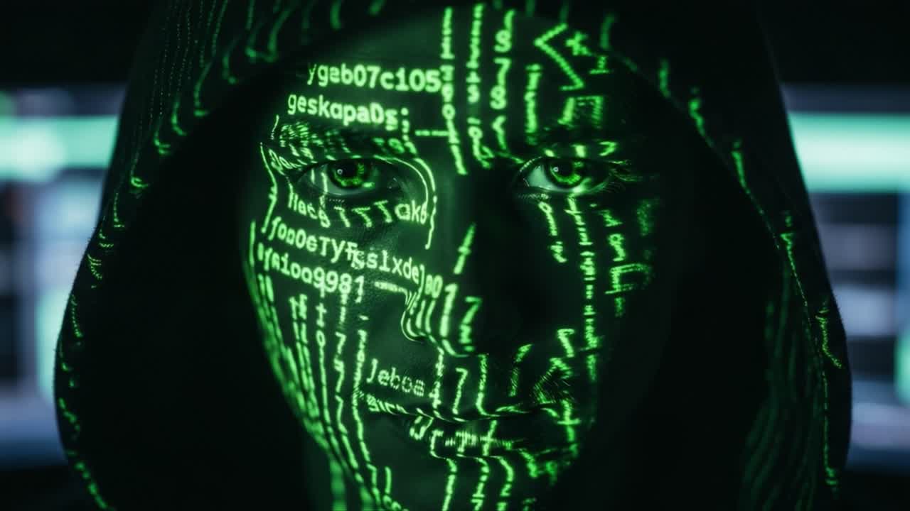 A Mysterious Figure Enveloped in Digital Code and Shadows, Illuminated by Green Symbols, Depicting the Intricacies of Cybersecurity and the World of Hacking