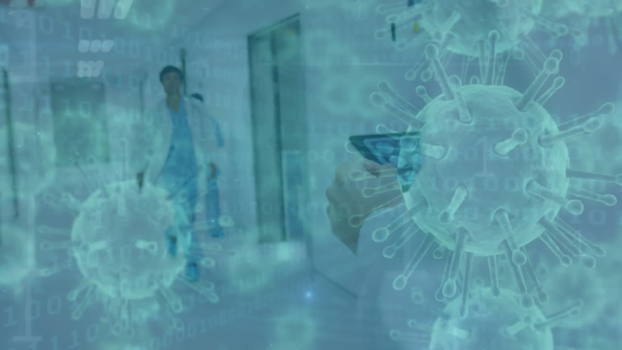 células de covid-19 que se mueven contra el médico usando una tableta digital