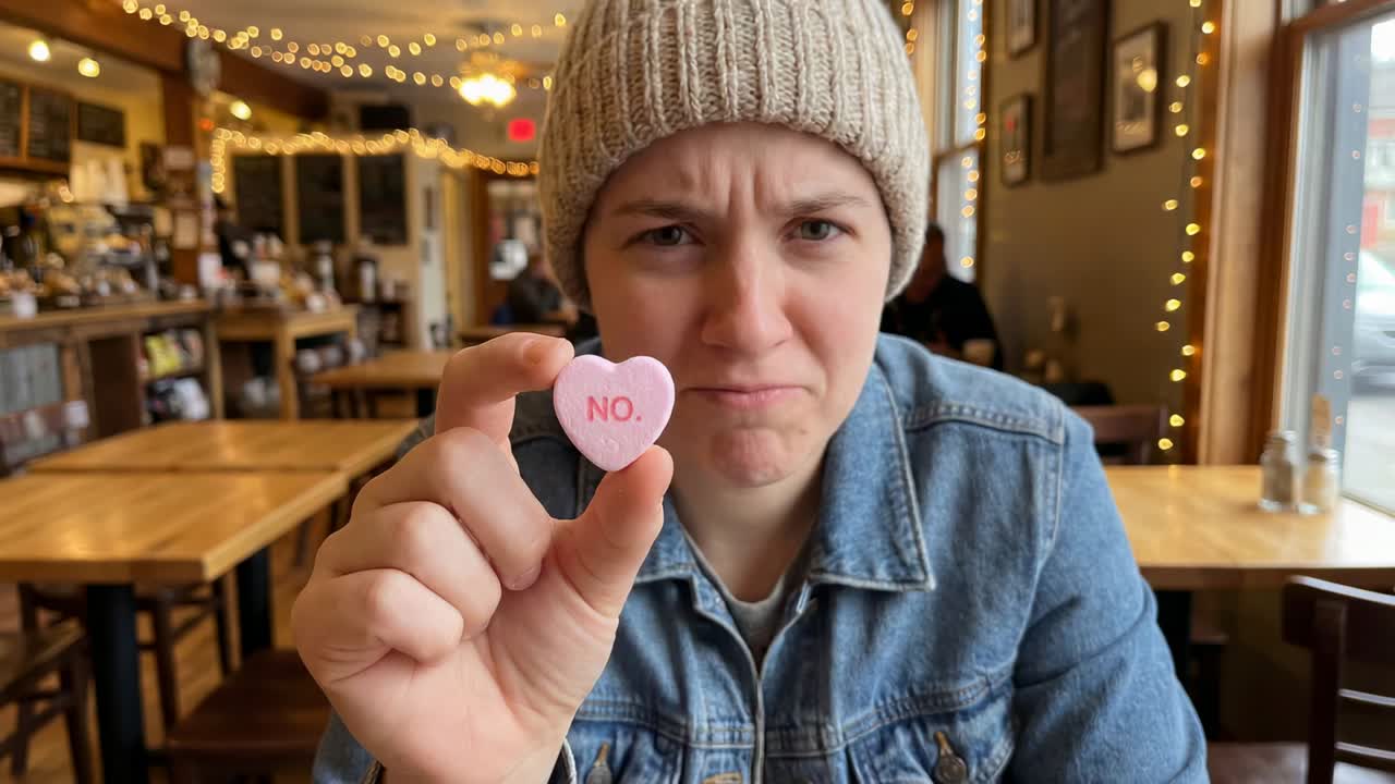 Donna con giacca di jeans e berretto che mostra una caramella rosa con la scritta NO alla telecamera e cambia espressione in un bar