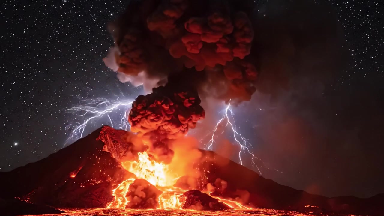 Et dynamisk vulkanutbrudd vist under en stjernehimmel med glødende lava og røyksøyler, som fanger naturens rå kraft og skjønnhet i bevegelse.
