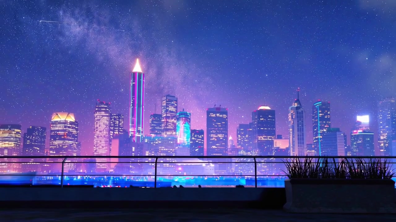 Futuristic City Skyline with Neon Lights and Milky Way at Night