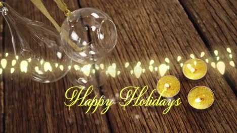 텍스트의 애니메이션, 행복한 휴일, 노란색,  ⁇  조명, baubles 및 나무 바닥에  ⁇ 불