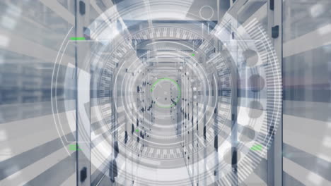 animation of scope scanning and data processing over tech room with computer servers