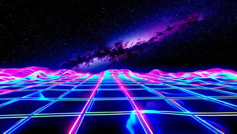 neon grid landscape with starry sky and nebula