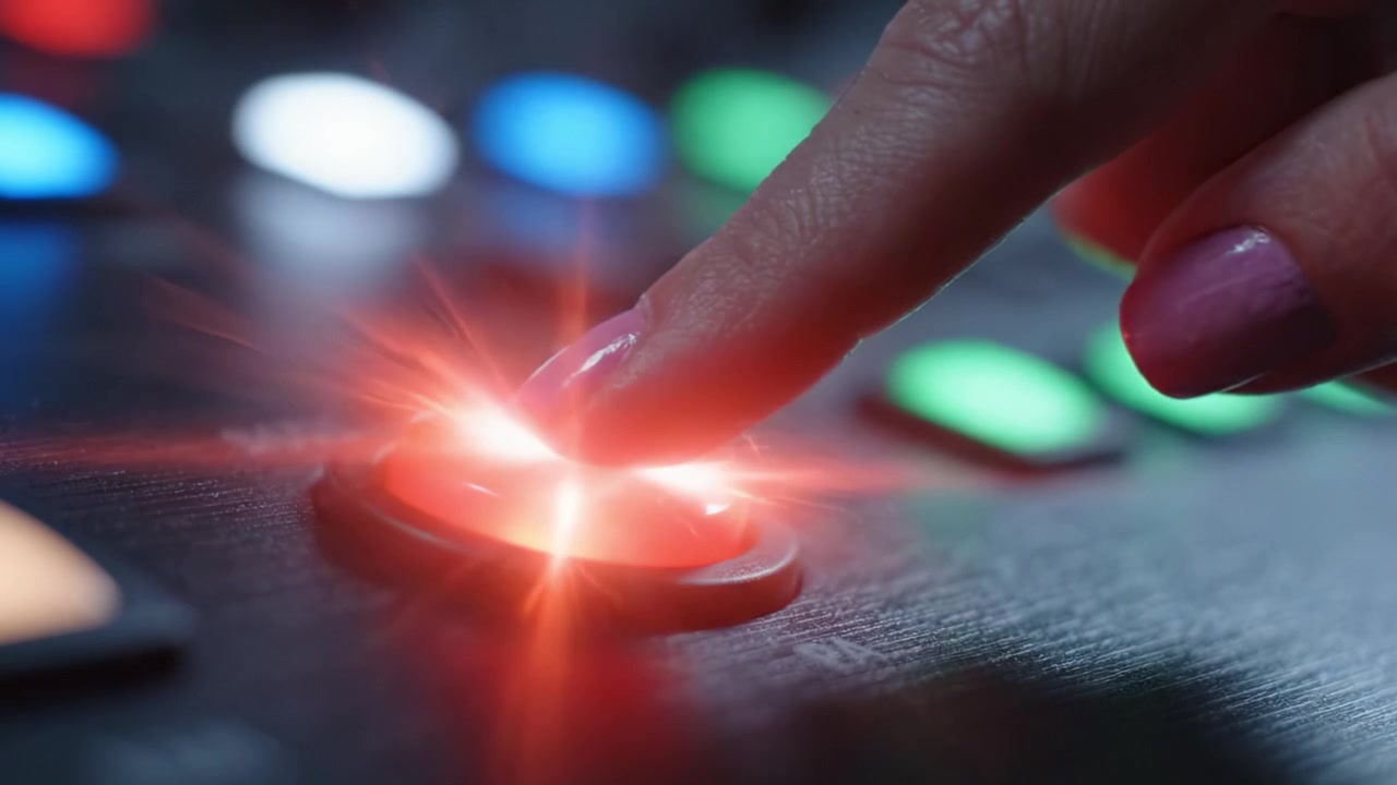 Uno sguardo ravvicinato ai pulsanti del pannello di controllo: interazione con interfacce digitali interattive con luci colorate e un dito teso che preme un pulsante rosso.