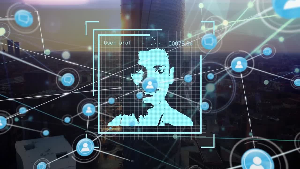 animación de la red de conexiones y iconos de personas sobre el paisaje urbano.