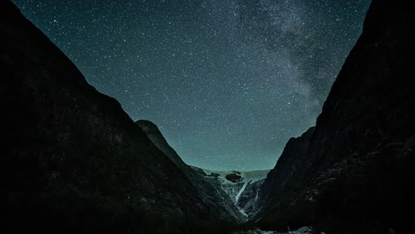 a magnificent night sky and milkyway galaxy above the kjenndalsbreen glacier