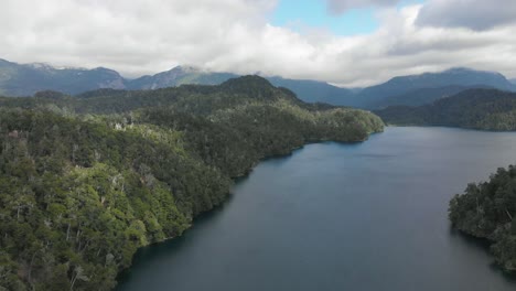 Unspoiled-nature-forest-along-shore-of-mountainous-Espejo,-Patagonia