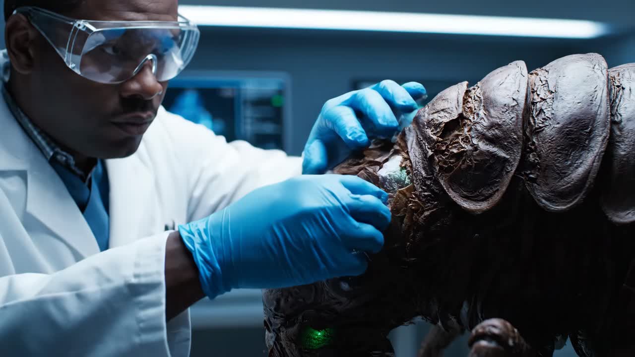 A scientist examines an alien specimen in a laboratory