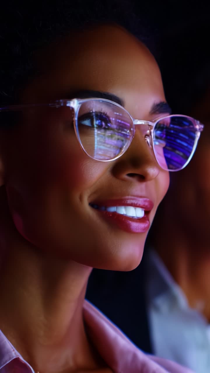 Close-up cativante de uma mulher de óculos iluminada pela luz da tela, enfatizando suas feições expressivas e sua expressão de envolvimento em um ambiente digital