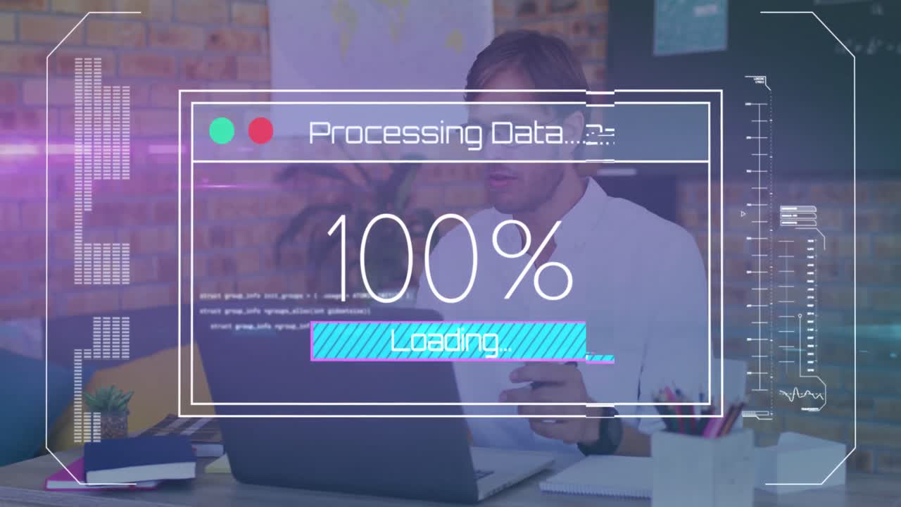 animación del procesamiento de datos sobre el hombre utilizando una computadora portátil