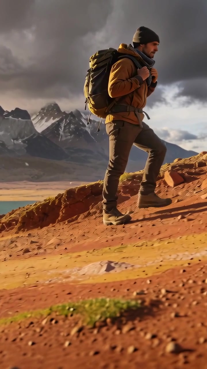Vertical video: Taking step, hiker climbing red ridge by lake, with pack, beanie, heading to peaks
