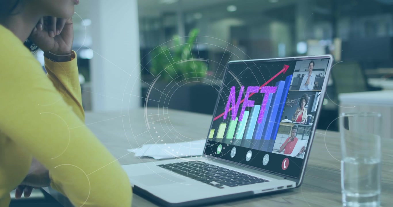 Animation of scope, nft text and data processing over businesswoman in office