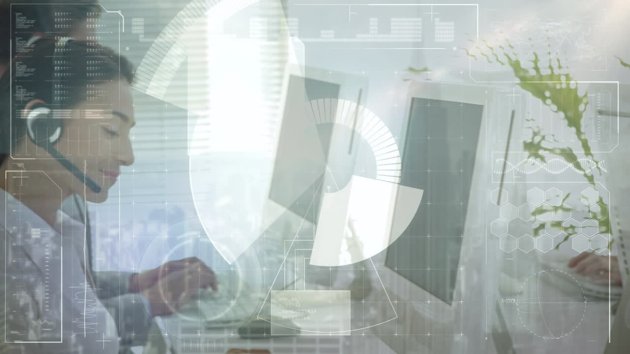 animación del procesamiento de datos financieros sobre personas de negocios que trabajan en la oficina