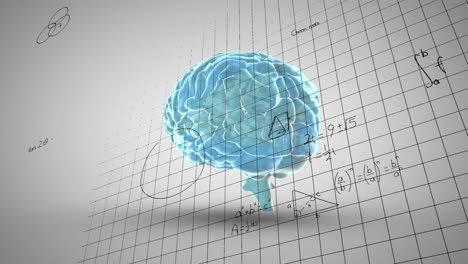 animación de ecuaciones matemáticas sobre el icono del cerebro humano giratorio contra un fondo gris.