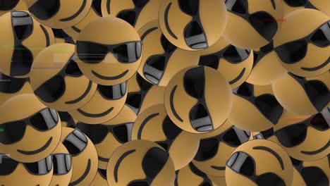 digital animation of multiple face wearing sunglasses emojis falling against tv static effect