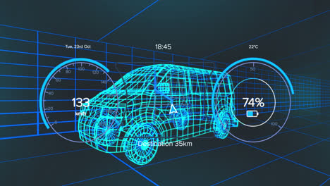 animation of 3d car model and grid over dark background