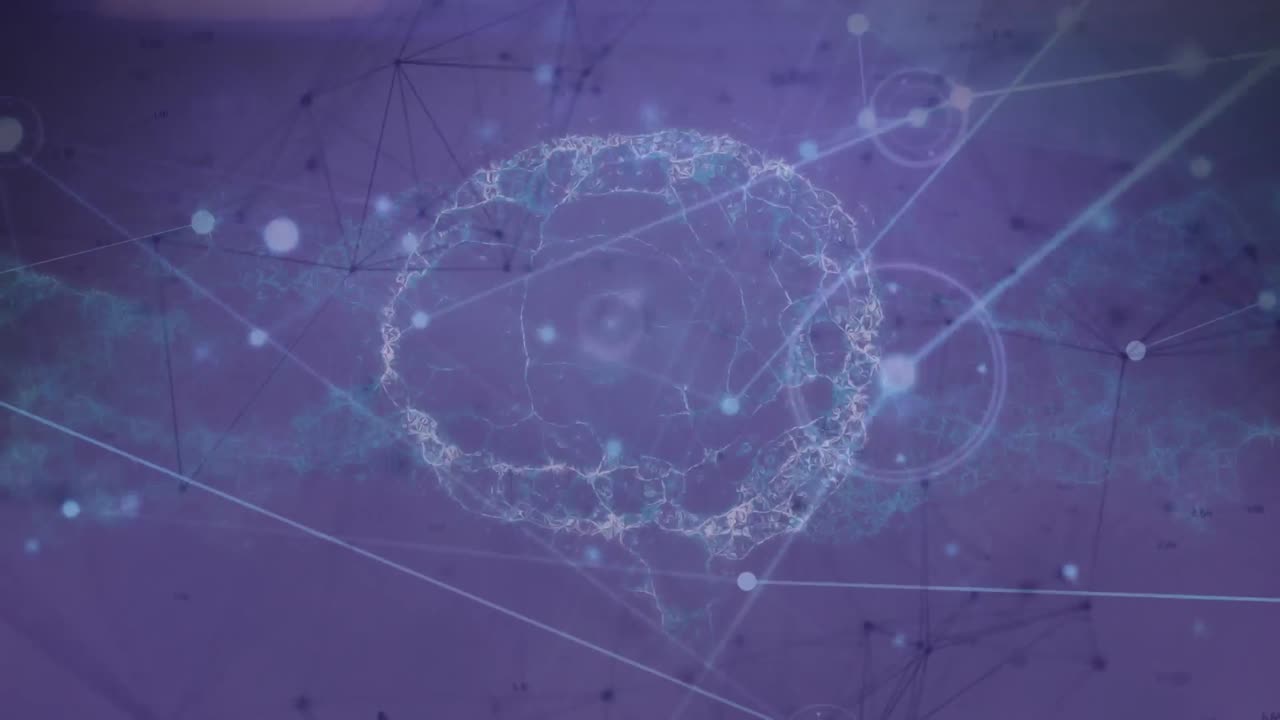 보라색 배경에 인간의 뇌와 dna 줄기의 연결 네트워크의 애니메이션