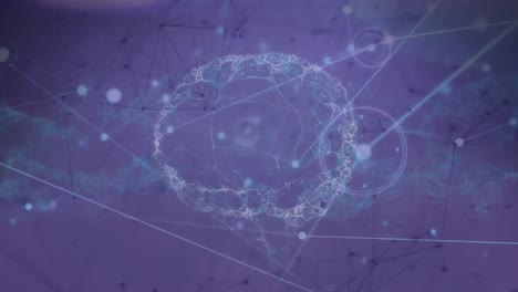 animación de la red de conexiones con el cerebro humano y la cadena de adn en fondo púrpura