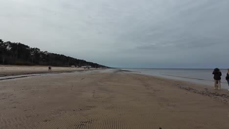 Gente-Caminando-Por-La-Playa-De-Arena-Junto-Al-Mar-En-Calma