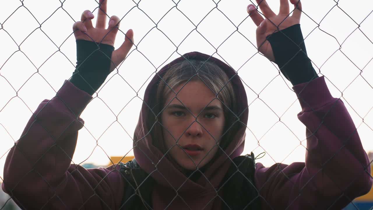 Exercise lover wearing maroon hoodie and black vest gripping chain link fence with both hands during short rest after intense outdoor workout on urban sports court at dusk under city lights