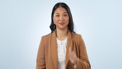 smile, thumbs up and woman in studio