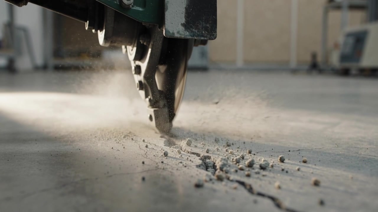 Una mola da taglio scende lungo una crepa sul pavimento di un'officina, allargando il solco e spruzzando polvere.