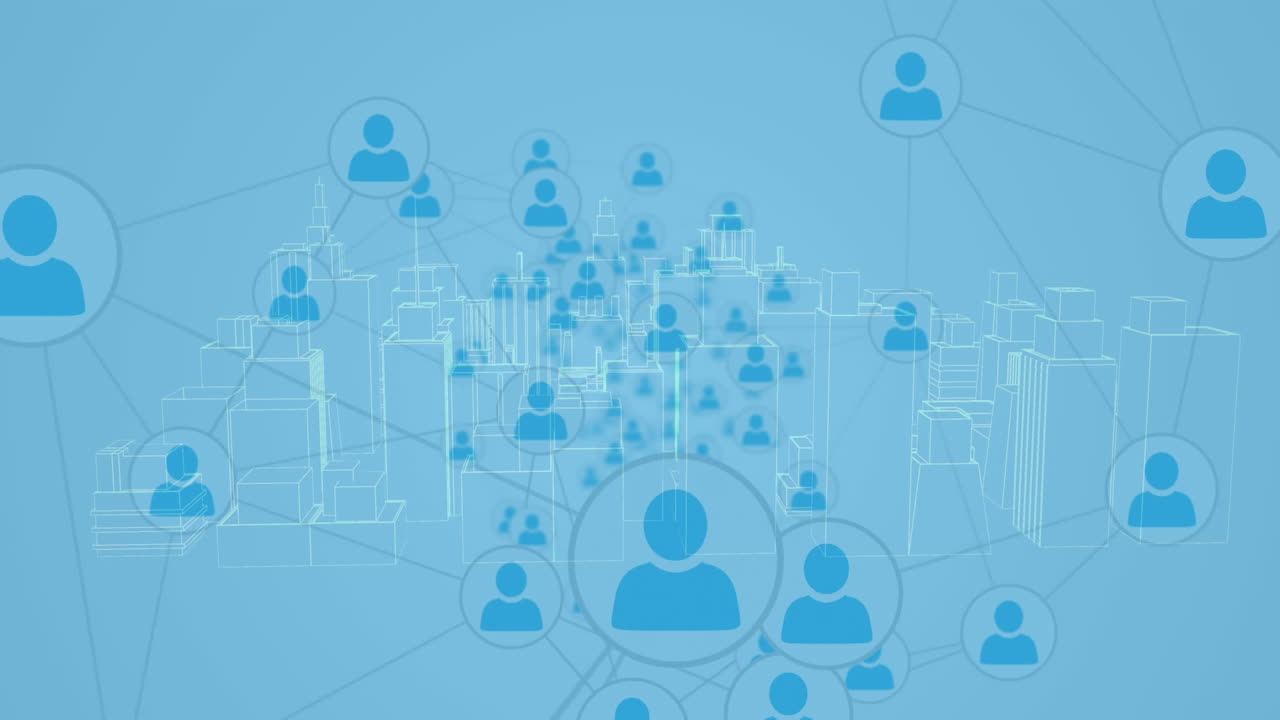 파란색 배경의 3d 도시 풍경 위에 있는 사람들과의 연결 네트워크 아이콘의 애니메이션