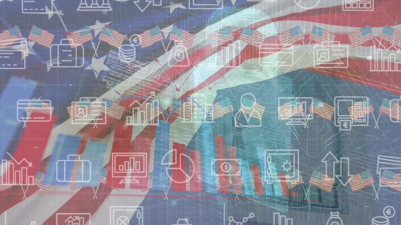 animación de iconos de negocios sobre la bandera de los ee.uu. y el candado