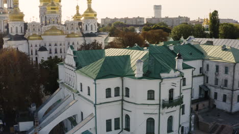 kiev pechersk lavra, historic orthodox christian monastery in kiev, ukraine - aerial drone shot