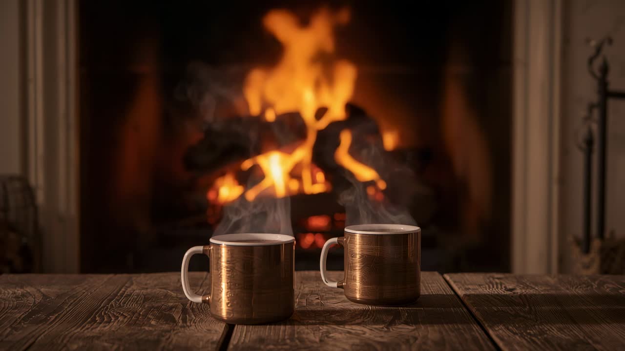 Sitting copper mugs steaming on table before stone hearth as flames intensify, shadows shifting