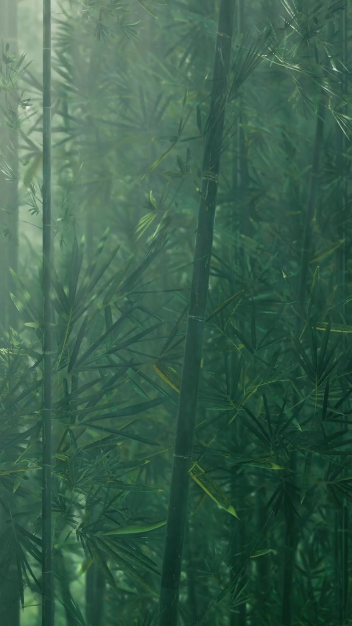 Foresta di bambù con foglie verdi e fusti alti in una giornata nuvolosa.