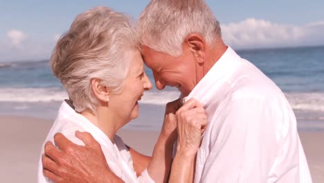 pareja de ancianos abrazándose en la playa