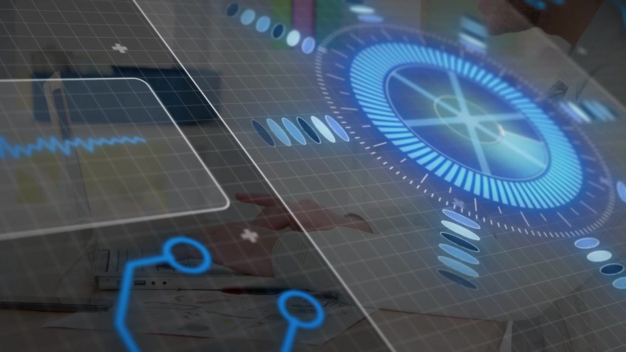 Man typing keys, starting animated HUD, growing radial, showing waveform over keys in tech demo