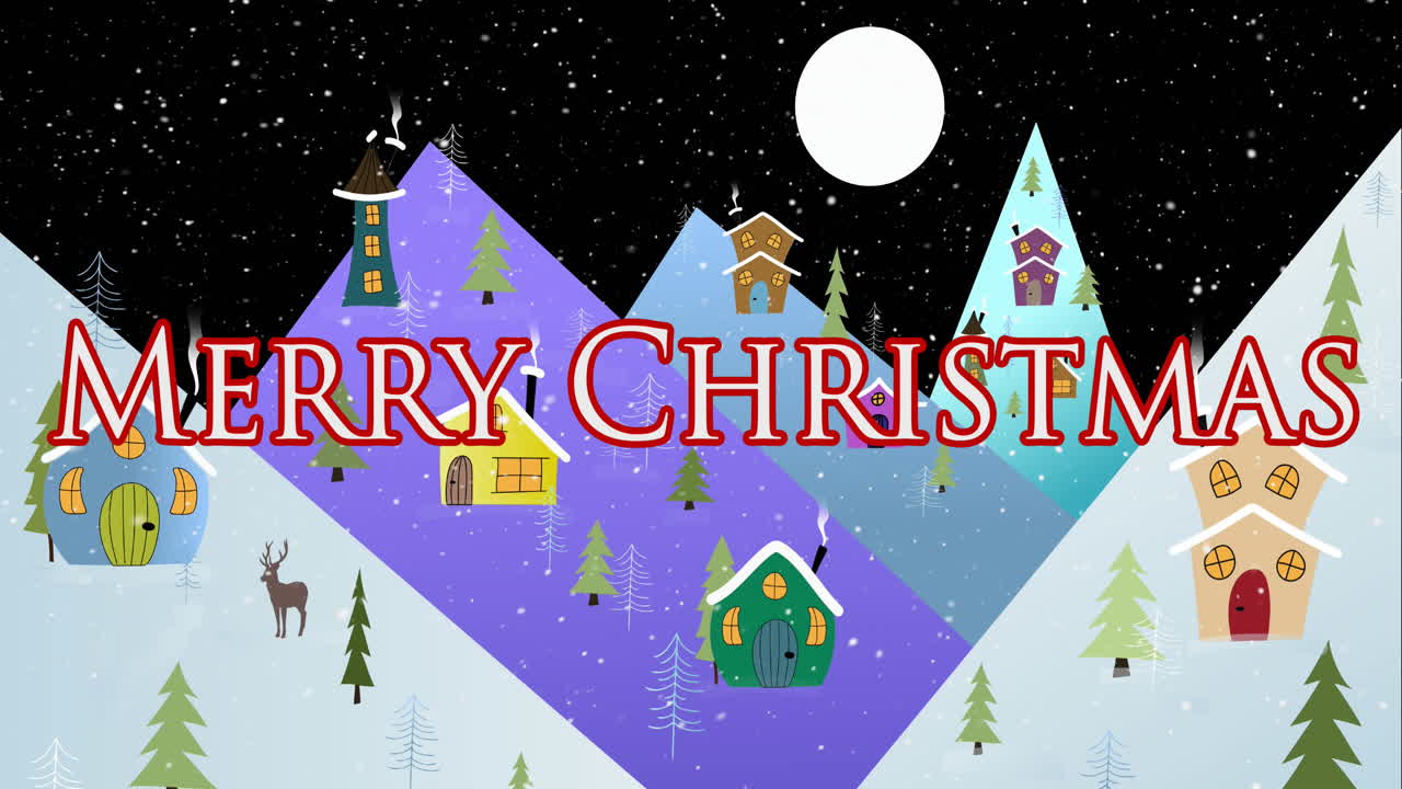 겨울 풍경 위에 메리 크리스마스 텍스트의 애니메이션