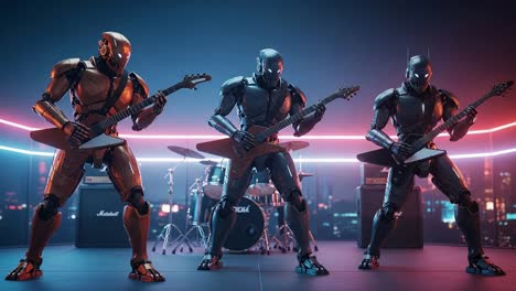 robotic rock band: a dynamic performance by three futuristic android musicans in an electrifying neon setting, capturing the essence of innovation and entertainment.