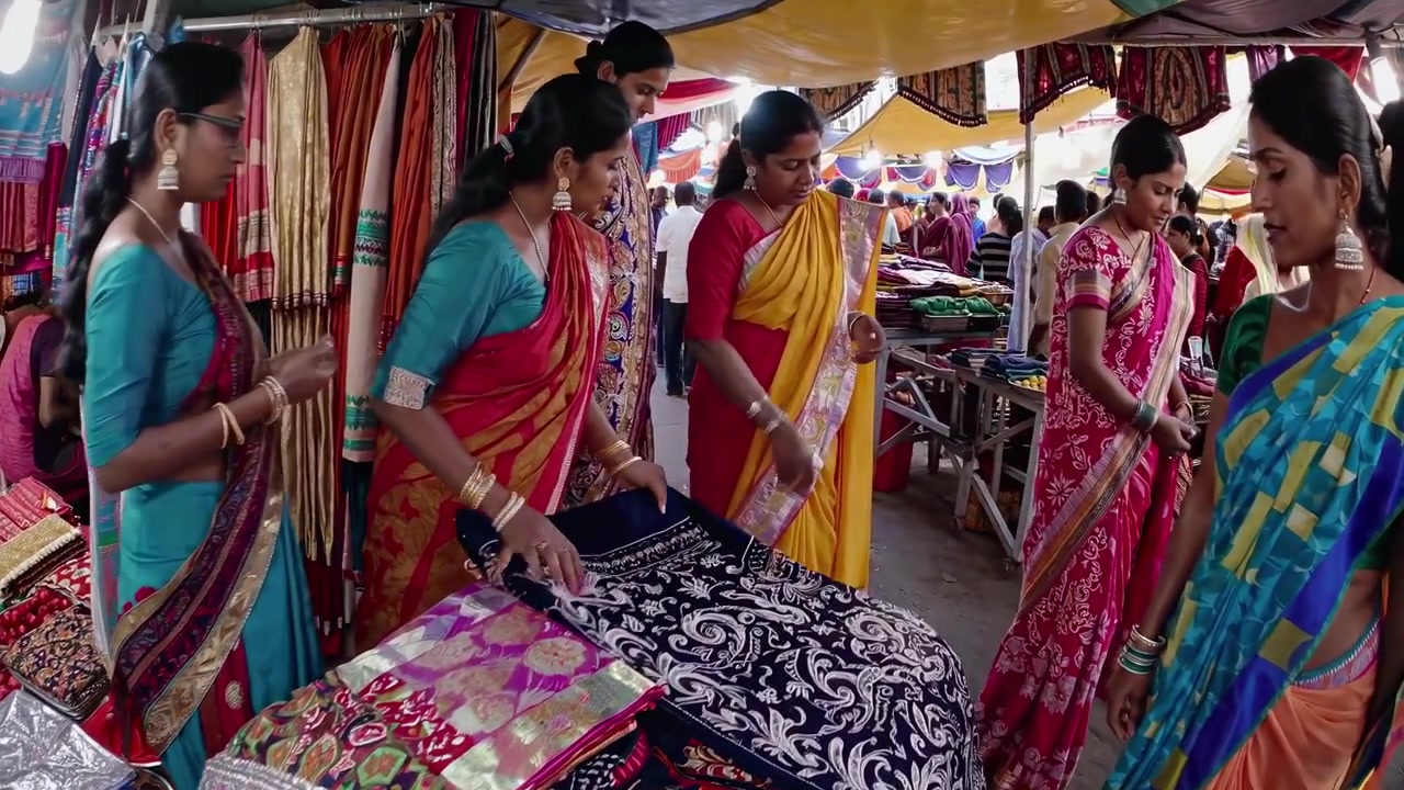 Indian Women Shopping for Traditional Sarees at a Busy Outdoor Market