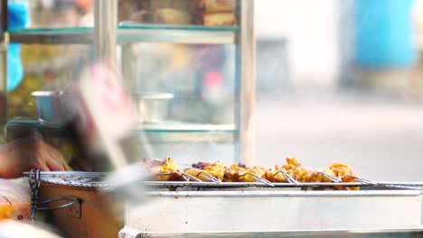 Street-food-in-Southeast-Asia,-meat-grilling-road-side-during-the-day