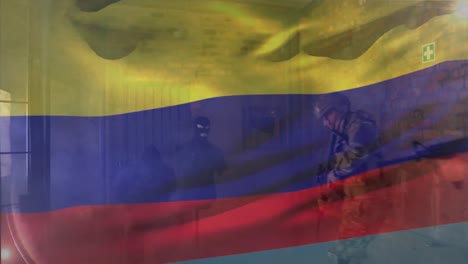 Animation-of-flag-of-colombia-over-diverse-male-counter-terrorists-with-weapon-and-terrorists