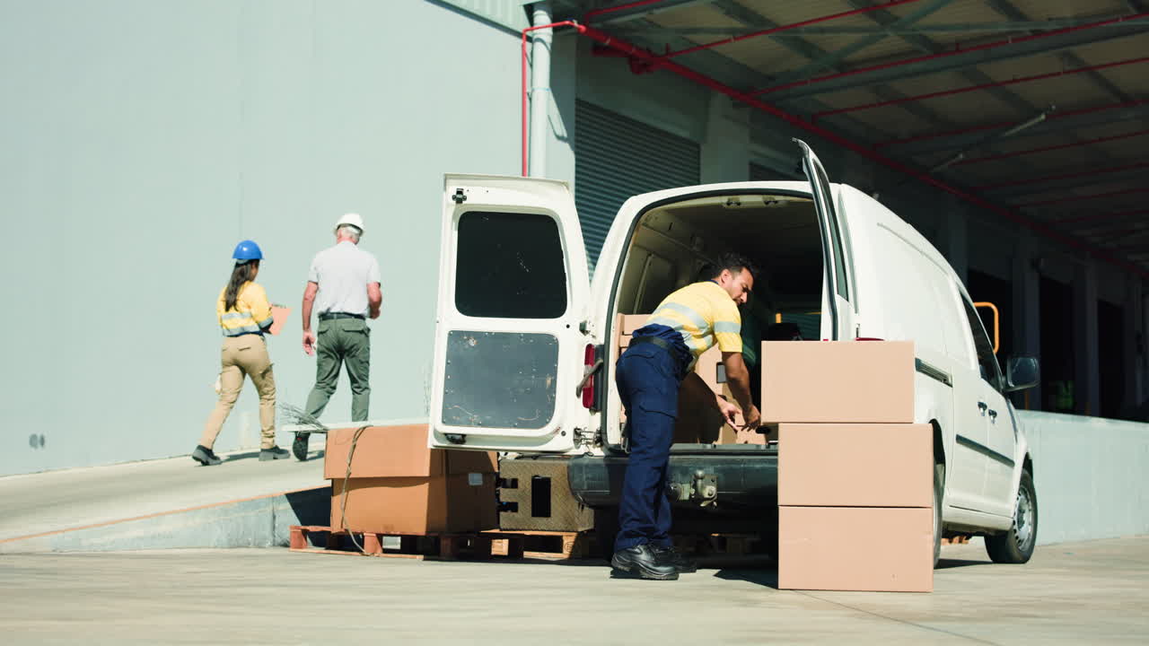 Trabajador cargando cajas de cartón en una furgoneta de reparto en un almacén