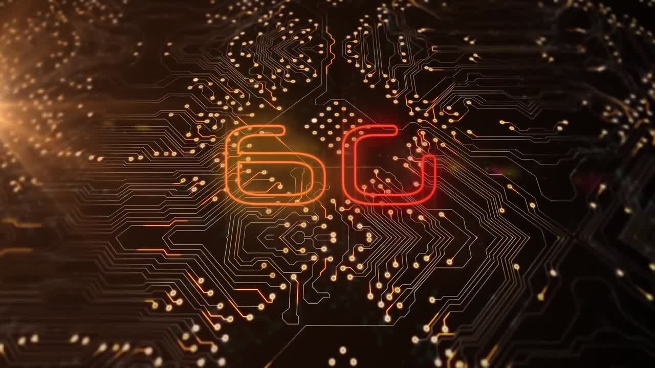 Animation of 6g text and computer circuit board and data processing