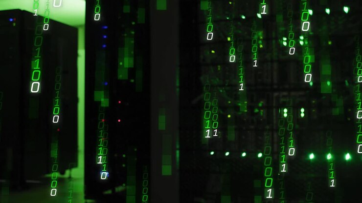 After one second binary digits streaming downward across server cabinets showing live data flow