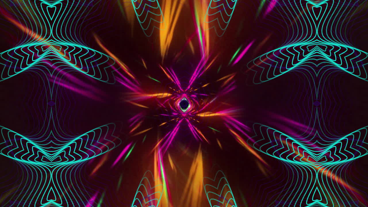Animazione di un motivo mandala e un motivo dinamico multicolore su sfondo nero