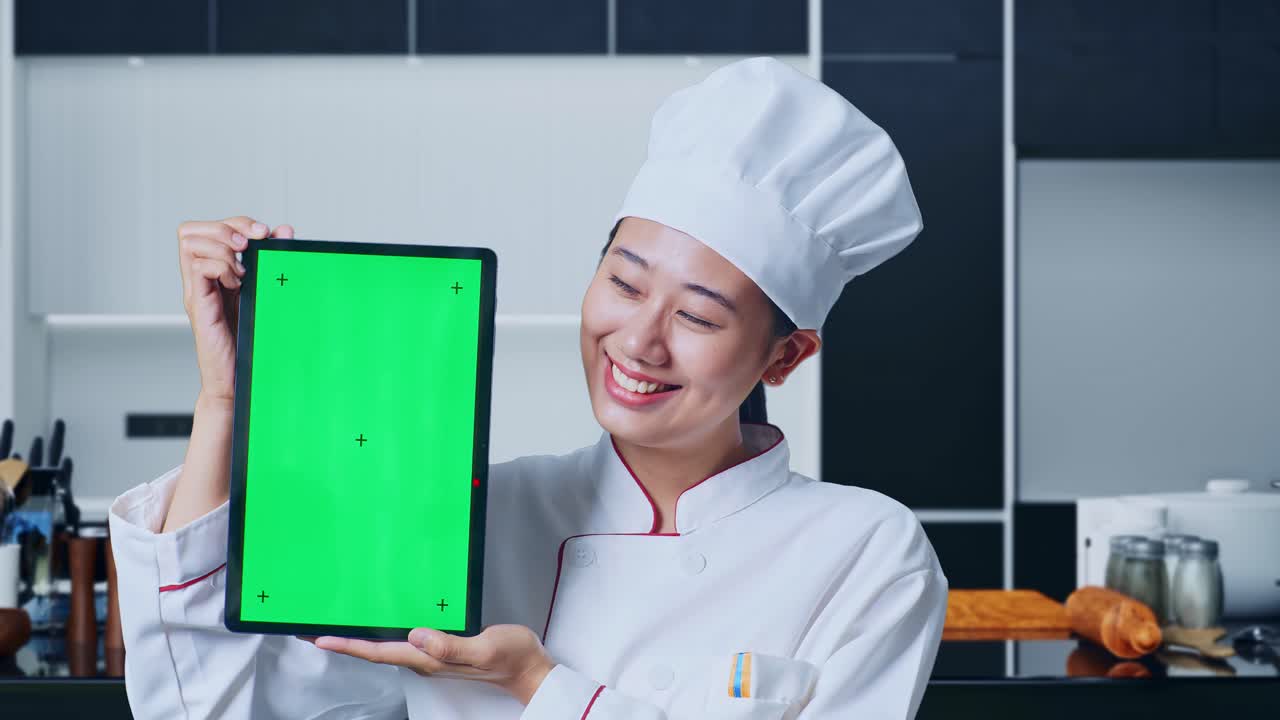 chef sosteniendo una tableta con pantalla verde en la cocina
