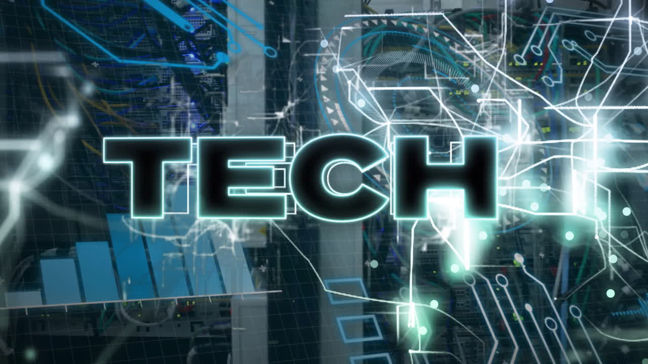 Animation of tech text and data processing over computer servers