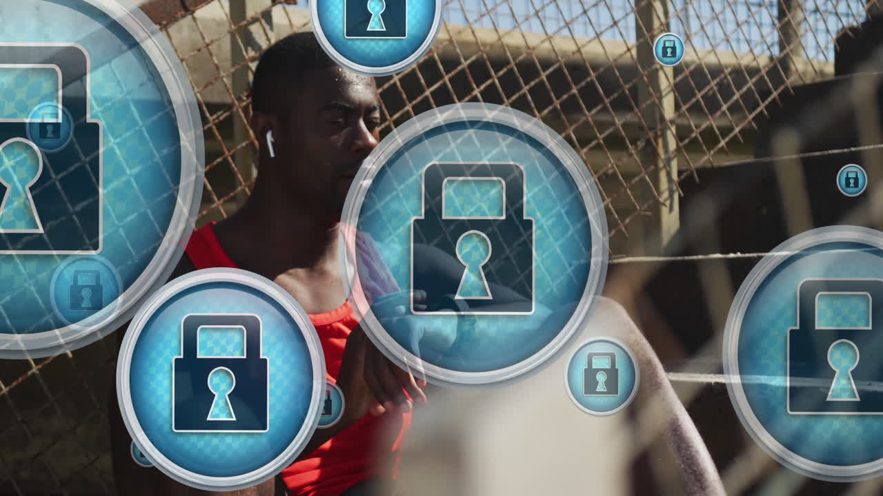 animación de cerraduras, atleta afroamericano cansado sentado en las escaleras y mirando el reloj inteligente